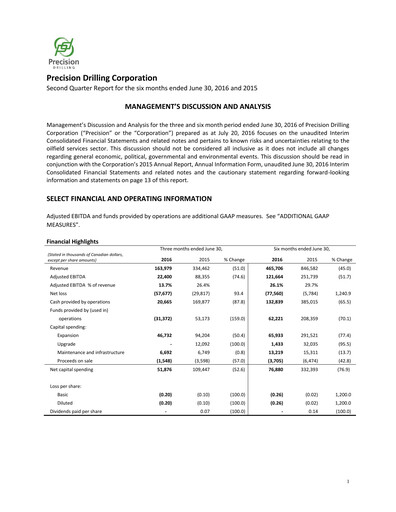 Thumbnail Precision Drilling Corporation Quarterly Report 2016-q2