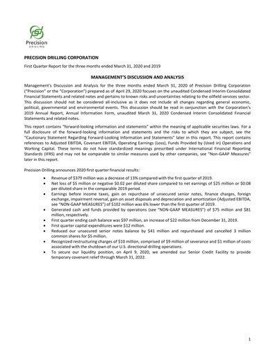 Thumbnail Precision Drilling Corporation Quarterly Report 2020-q1