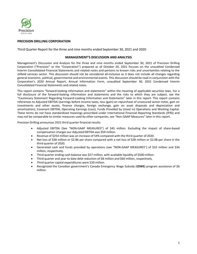 Thumbnail Precision Drilling Corporation Quarterly Report 2021-q3