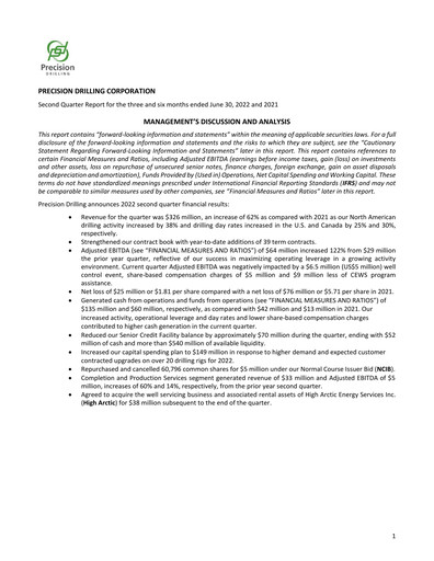 Thumbnail Precision Drilling Corporation Quarterly Report 2022-q2