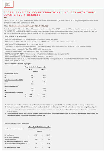 Thumbnail Restaurant Brands International Quarterly Report 2016-q3