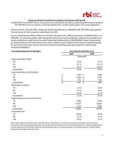 Thumbnail Restaurant Brands International Quarterly Report 2019-q1