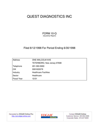 Vorschaubild Quest Diagnostics
 Quartalsbericht 1998-q2