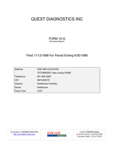 Vorschaubild Quest Diagnostics
 Quartalsbericht 1998-q3