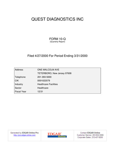 Vorschaubild Quest Diagnostics
 Quartalsbericht 2000-q1