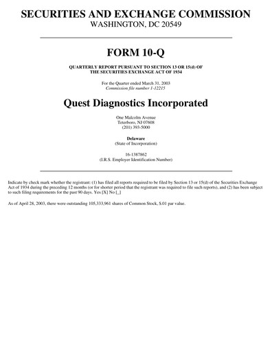 Vorschaubild Quest Diagnostics
 Quartalsbericht 2003-q1