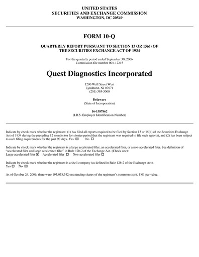 Vorschaubild Quest Diagnostics
 Quartalsbericht 2006-q3
