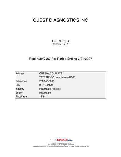 Vorschaubild Quest Diagnostics
 Quartalsbericht 2007-q1