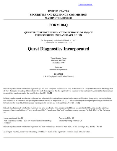 Vorschaubild Quest Diagnostics
 Quartalsbericht 2012-q1
