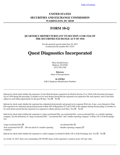 Vorschaubild Quest Diagnostics
 Quartalsbericht 2012-q2