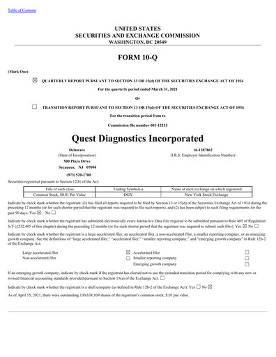 Vorschaubild Quest Diagnostics
 Quartalsbericht 2021-q1