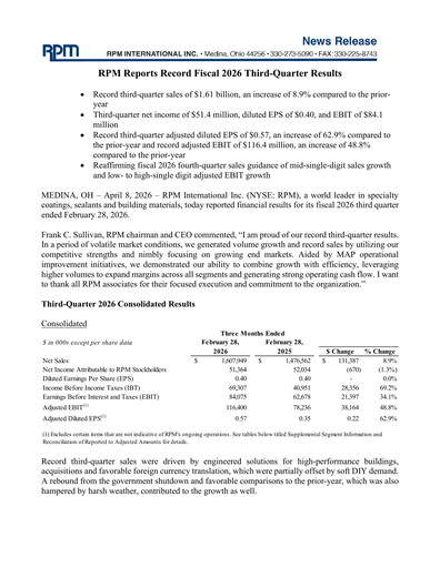 Miniature RPM International
 Rapport trimestriel 2026-q3