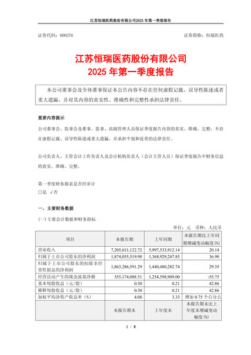 Miniature Jiangsu Hengrui Medicine
 Rapport trimestriel 2025-q1