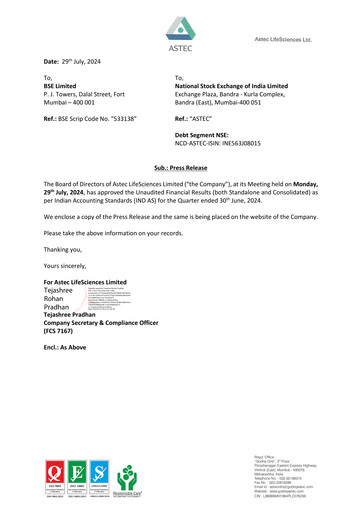 Thumbnail Astec Lifesciences
 Quarterly Report 2024-q1