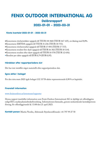 Thumbnail Fenix Outdoor Quarterly Report 2023-q1