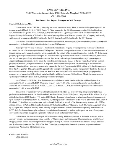 Thumbnail Saul Centers Quarterly Report 2018-q1