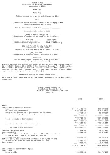 Thumbnail Regency Centers
 Quarterly Report 2000-q1