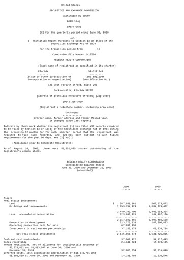 Thumbnail Regency Centers
 Quarterly Report 2000-q2