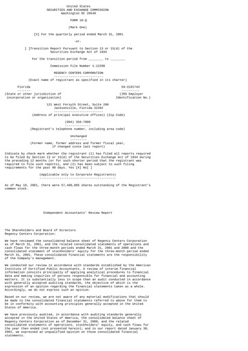 Thumbnail Regency Centers
 Quarterly Report 2001-q1