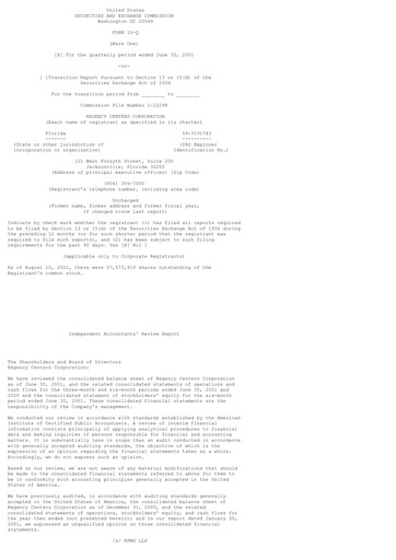Thumbnail Regency Centers
 Quarterly Report 2001-q2