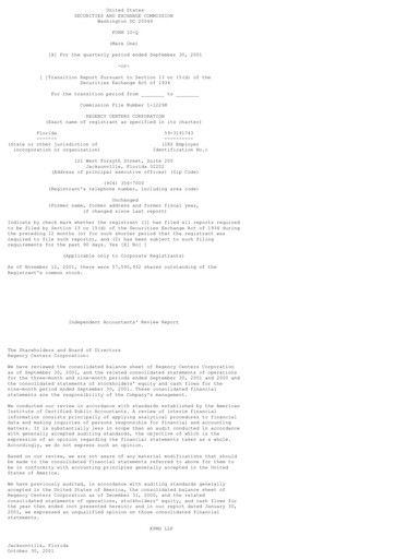 Thumbnail Regency Centers
 Quarterly Report 2001-q3
