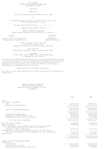 Thumbnail Regency Centers
 Quarterly Report 2002-q1