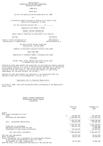 Thumbnail Regency Centers
 Quarterly Report 2003-q1