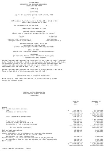 Thumbnail Regency Centers
 Quarterly Report 2003-q2
