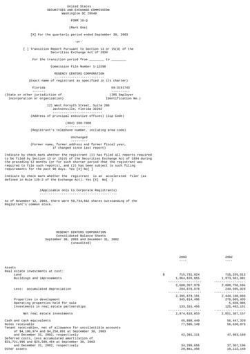 Thumbnail Regency Centers
 Quarterly Report 2003-q3