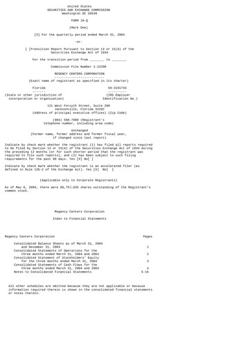 Thumbnail Regency Centers
 Quarterly Report 2004-q1