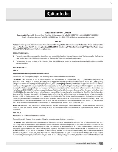 Miniature RattanIndia Power Rapport annuel 2019-2020