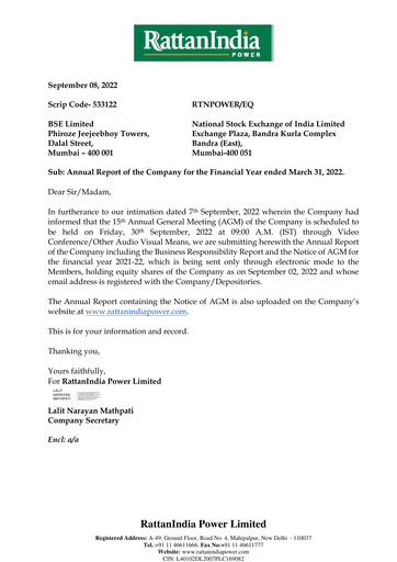 Miniature RattanIndia Power Rapport annuel 2021-2022