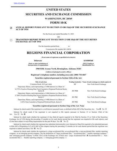 Thumbnail Regions Financial
 Annual Report 2021