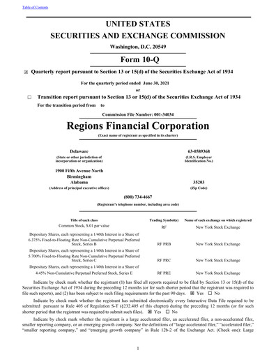 Thumbnail Regions Financial
 Quarterly Report 2021-q2