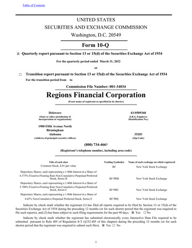 Thumbnail Regions Financial
 Quarterly Report 2022-q1