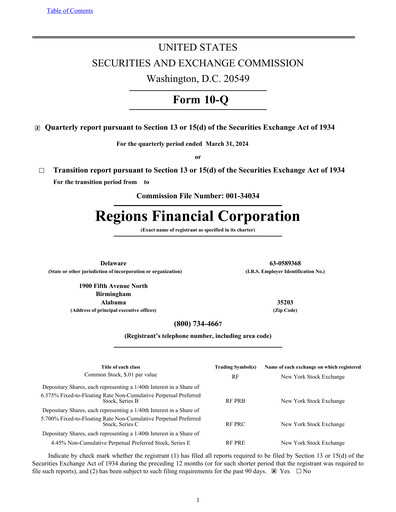 Thumbnail Regions Financial
 Quarterly Report 2024-q1