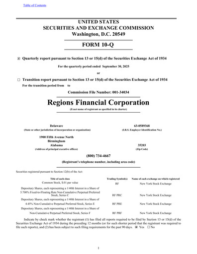 Thumbnail Regions Financial
 Quarterly Report 2025-q3