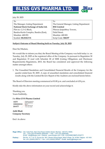 Miniature Bliss GVS Pharma Rapport trimestriel 2025-q1