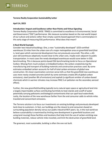 Thumbnail Terreno Realty
 Sustainability Report 2022