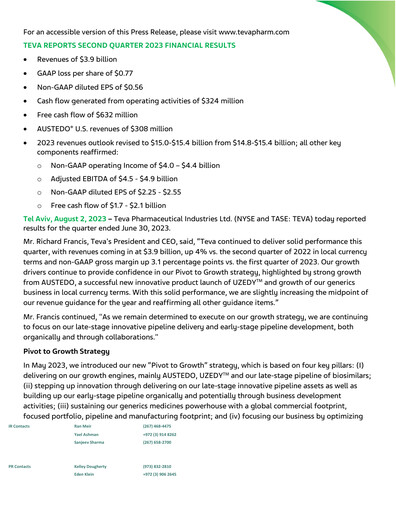 Thumbnail Teva Pharmaceutical Industries Quarterly Report 2023-q2