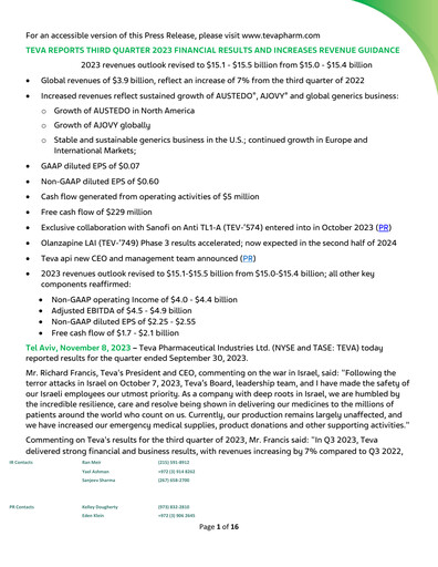 Thumbnail Teva Pharmaceutical Industries Quarterly Report 2023-q3