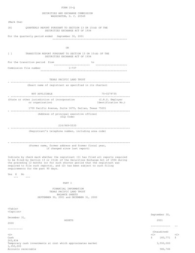 Thumbnail Texas Pacific Land Corporation
 Quarterly Report 2001-q3