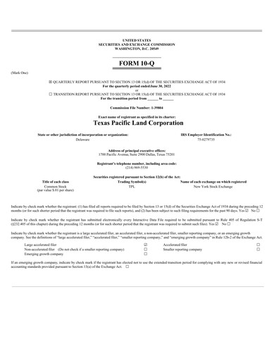 Thumbnail Texas Pacific Land Corporation
 Quarterly Report 2022-q2
