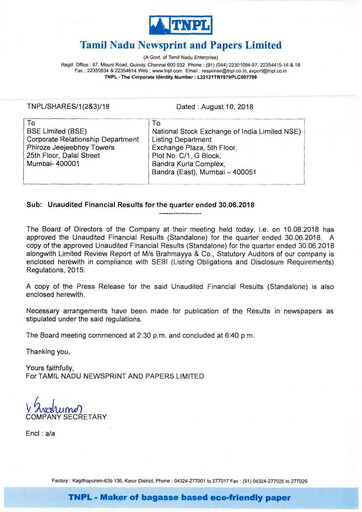 Thumbnail Tamil Nadu Newsprint and Papers Limited
 Quarterly Report 2018-q1