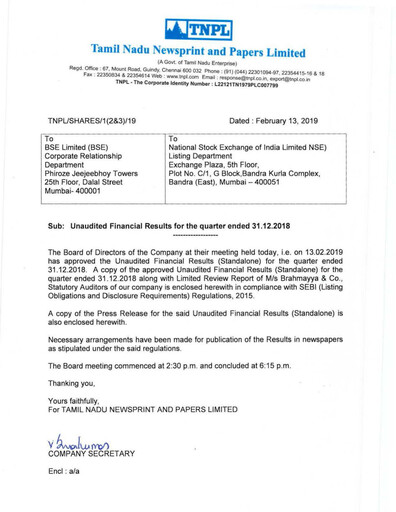 Thumbnail Tamil Nadu Newsprint and Papers Limited
 Quarterly Report 2018-q3