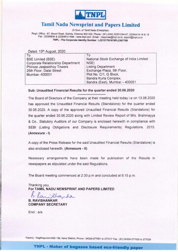 Thumbnail Tamil Nadu Newsprint and Papers Limited
 Quarterly Report 2020-q1