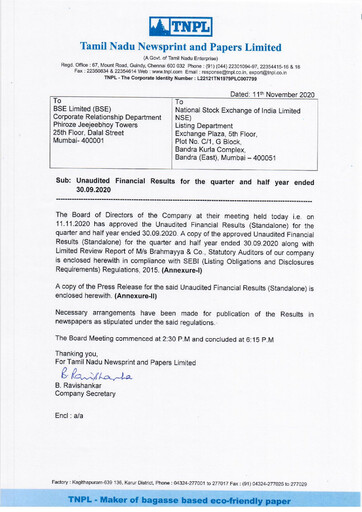 Thumbnail Tamil Nadu Newsprint and Papers Limited
 Quarterly Report 2020-q2