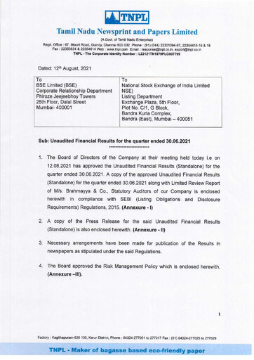 Thumbnail Tamil Nadu Newsprint and Papers Limited
 Quarterly Report 2021-q1