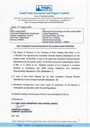 Thumbnail Tamil Nadu Newsprint and Papers Limited
 Quarterly Report 2022-q1