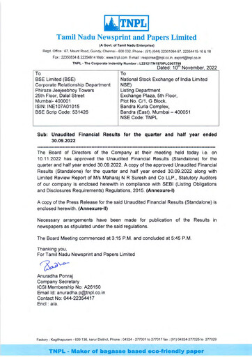 Thumbnail Tamil Nadu Newsprint and Papers Limited
 Quarterly Report 2022-q2